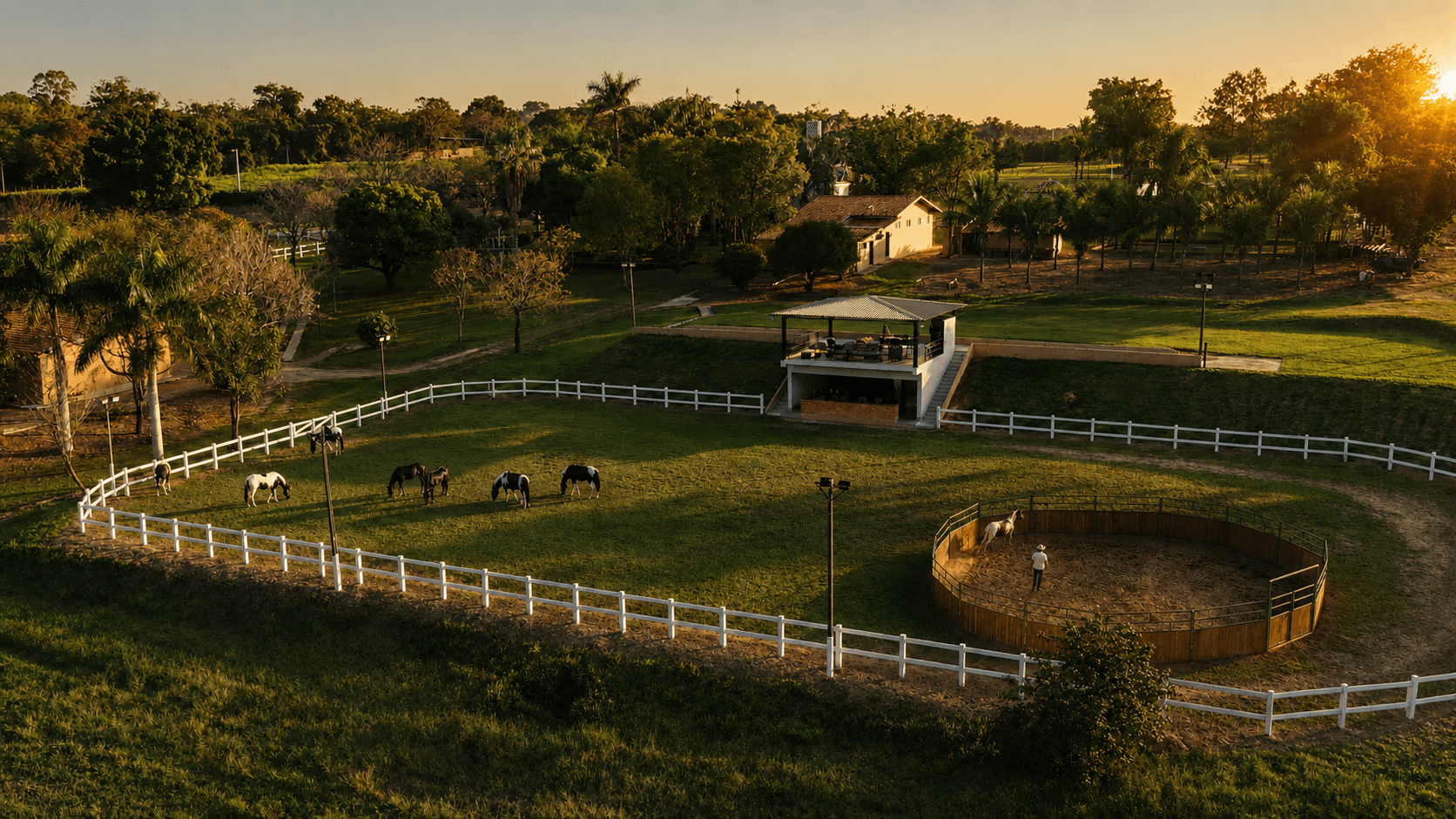 Vista aérea do haras TH Marchador ao entardecer — pastagens, cercas brancas e cavalos